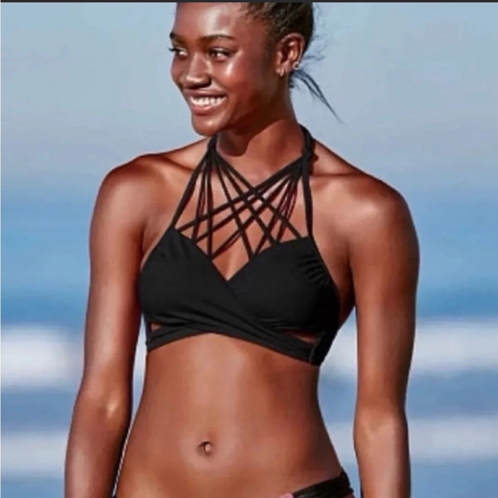 PINK Victoria’s Secret black, cross front bikini top, multi string neck tie sz.L
